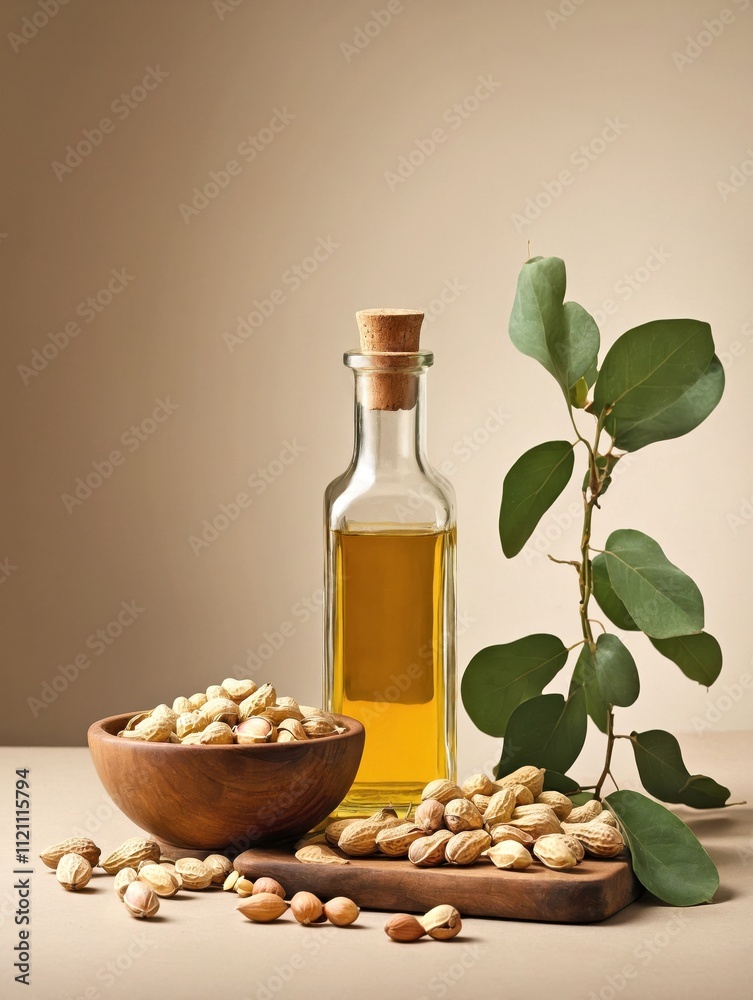 A rectangular glass bottle of peanut oil, set on a beige, textured surface. A rectangular glass bottle of peanut oil, set on a beige, textured surface.