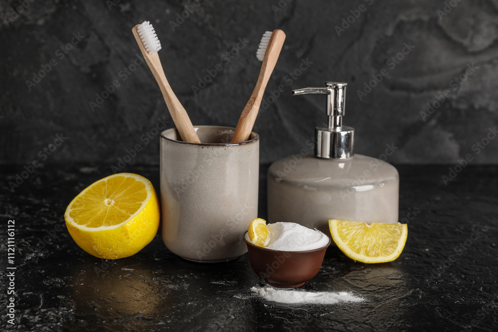 Bowl of tooth powder with lemon, brushes in holder and soap dispenser on table against black background Bowl of tooth powder with lemon, brushes in holder and soap dispenser on table against black background