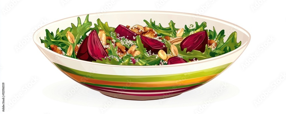 A colorful salad in a bowl featuring greens, nuts, and beets, ideal for healthy eating. A colorful salad in a bowl featuring greens, nuts, and beets, ideal for healthy eating.