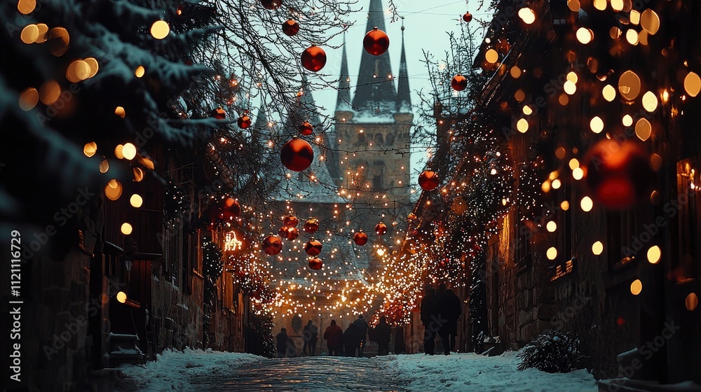 Fototapeta premium Enchanting Snow-Covered Street with Christmas Lights and Ornaments