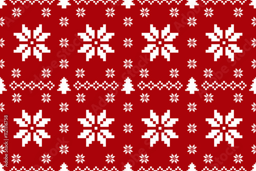 Christmas and New Year seamless pattern. White snowflakes and Christmas trees on red pixel pattern for winter hat,jumper,sweater, wrapping,fabric,border,rim,carpets, blankets, towels.