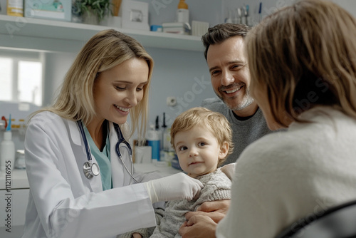 Family visits doctor for child's check-up in cozy medical office during daylight hours. Generative AI