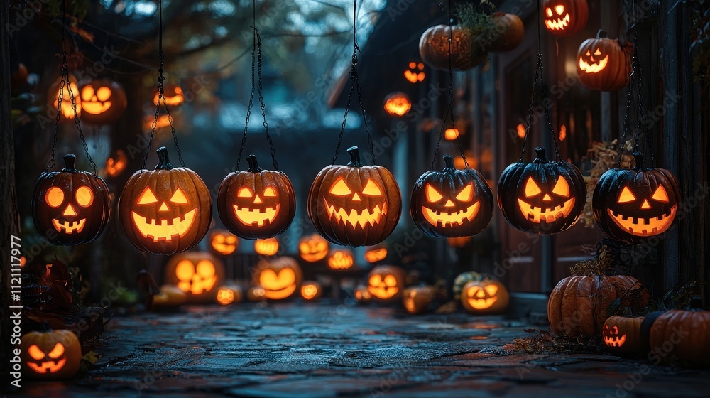 Fototapeta premium Delightful spooky Halloween door hangers adorned with carved pumpkins light up a charming autumn evening
