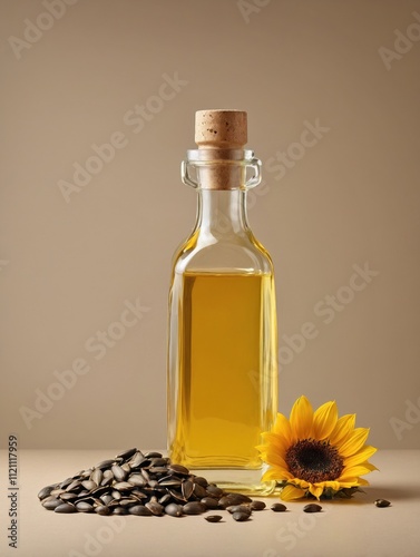 A square-shaped glass bottle of sunflower oil.