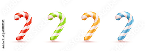 Vector illustration of set of cartoon christmas striped candy cane on white background. 3d realistic style design of different color candy cane. Winter gift for Merry Christmas and Happy New Year card