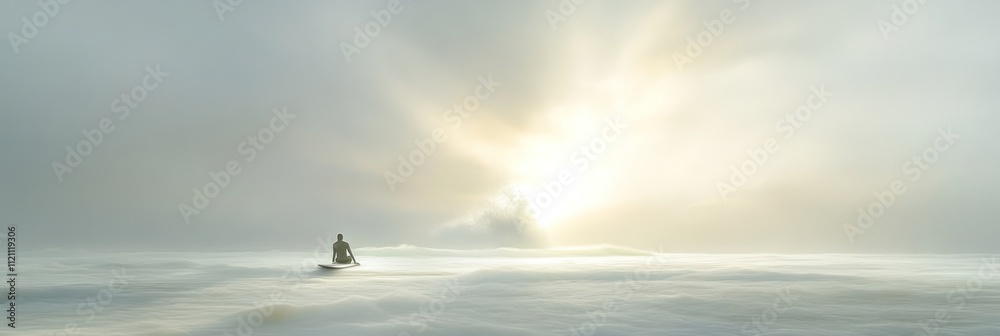 A serene landscape with a figure amidst fog and light, evoking tranquility and reflection. A serene landscape with a figure amidst fog and light, evoking tranquility and reflection.
