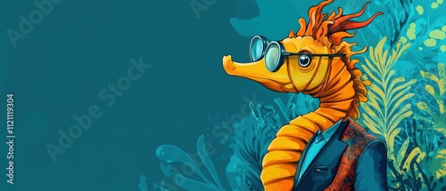 Sophisticated Seahorse in Suit and Glasses Posing Underwater photo