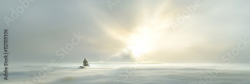 A serene landscape with a figure amidst fog and light  evoking tranquility and reflection.