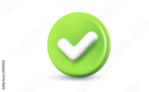 Vector illustration of green color circle with tick on white background. 3d cartoon style design of business checkmark icon. Checklist tick, done check mark. Symbol of correct and right choose