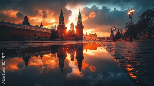 Sunset reflection of the kremlin moscow landscape photography urban scene serene atmosphere