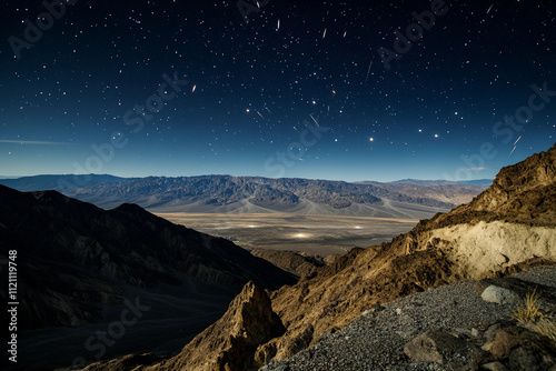 Nighttime panorama of Death Valley showing a starry sky over mountains and valleys in clear weather. Generative AI