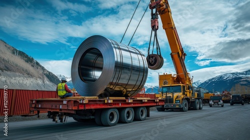 Steel Coil Transportation Crane Lifts Heavy Metal Roll onto Truck