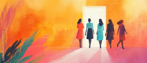 Four Women Walking Towards a Bright Future, Empowering Female Silhouette Art photo