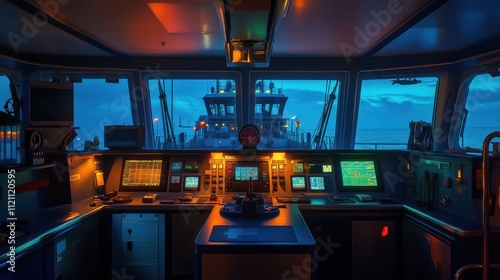 Ships Bridge Night Navigation Control Room Twilight Vessel Screens photo