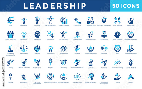 Leadership icons set with vision, motivation, influence, decision making, strategic planning, delegation, communication, emotional intelligence, team building, mentorship icon. Simple flat vector 

