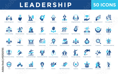 Leadership icons set with conflict management, creativity, active engagement, empathy, accountability, decisiveness, delegating authority, positive reinforcement icon. Simple flat vector 
