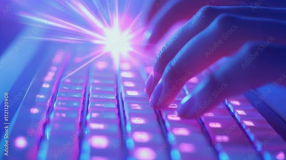 Vibrant Hands Typing on Keyboard with Dynamic Light Effects in a Futuristic Atmosphere Vibrant Hands Typing on Keyboard with Dynamic Light Effects in a Futuristic Atmosphere