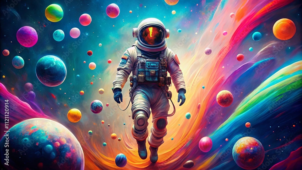 Fototapeta premium Astronaut Journeys Through a Vibrant, Colorful Nebula Filled with Planets