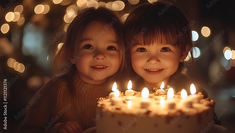 Two Children Smiling Next to a Cake with Lit Candles. Two Children Smiling Next to a Cake with Lit Candles.