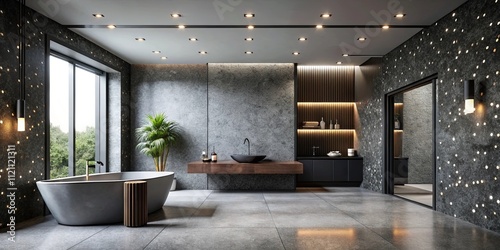 Modern minimalist bathroom design with freestanding tub and sleek dark stone accents