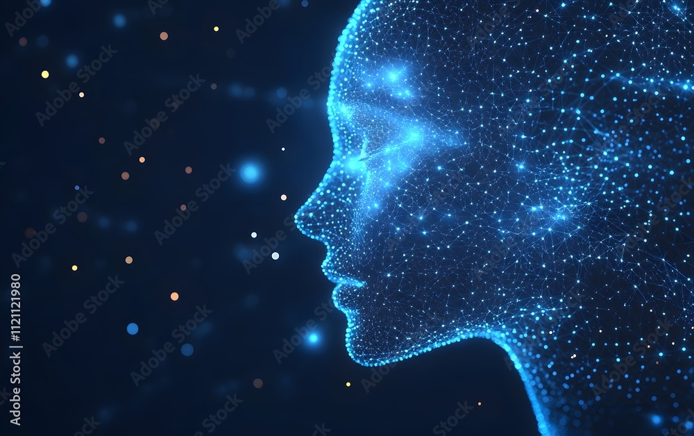 Digital human face silhouette made of glowing blue network connections, artificial intelligence Digital human face silhouette made of glowing blue network connections, artificial intelligence