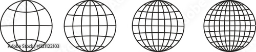 World glob icons set. World planet earth black flat line vector collection isolated on transparent background. Globes with world maps symbol. Silhouette of the Geographical globe with meridians web.