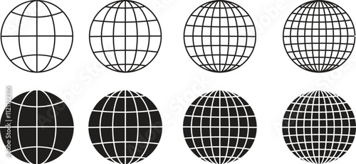 World glob icons set. World planet earth black flat line vector collection isolated on transparent background. Globes with world maps symbol. Silhouette of the Geographical globe with meridians web.