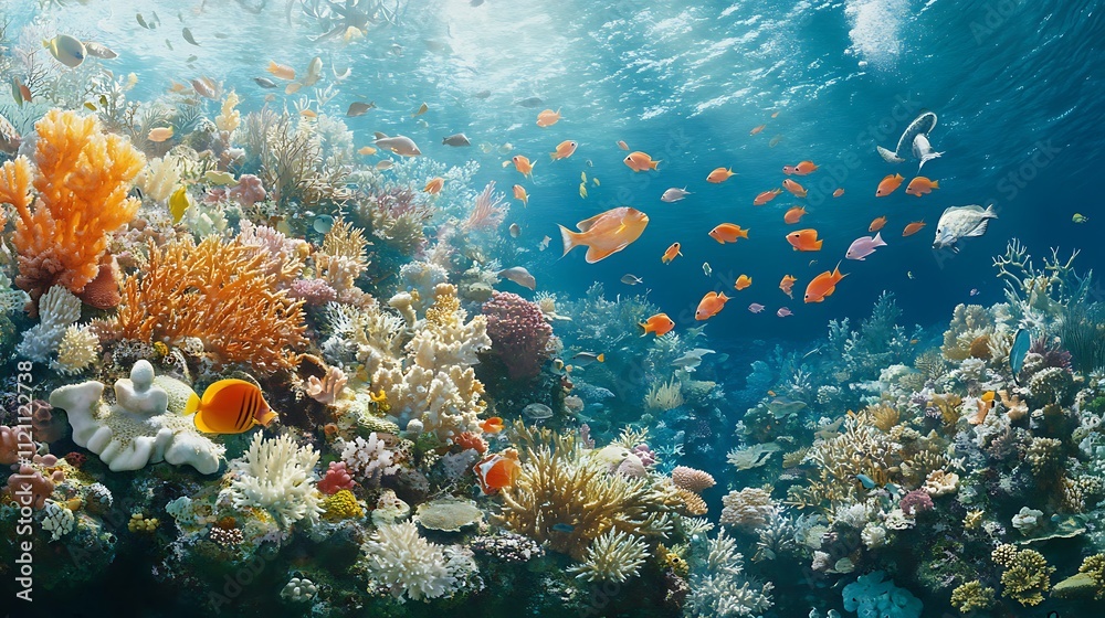 Fototapeta premium A vibrant coral reef ecosystem with schools of colorful fish and intricate coral structures