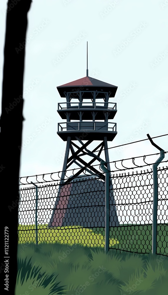 Obraz premium Guard Tower and Barbed Wire Fence on Prison Border