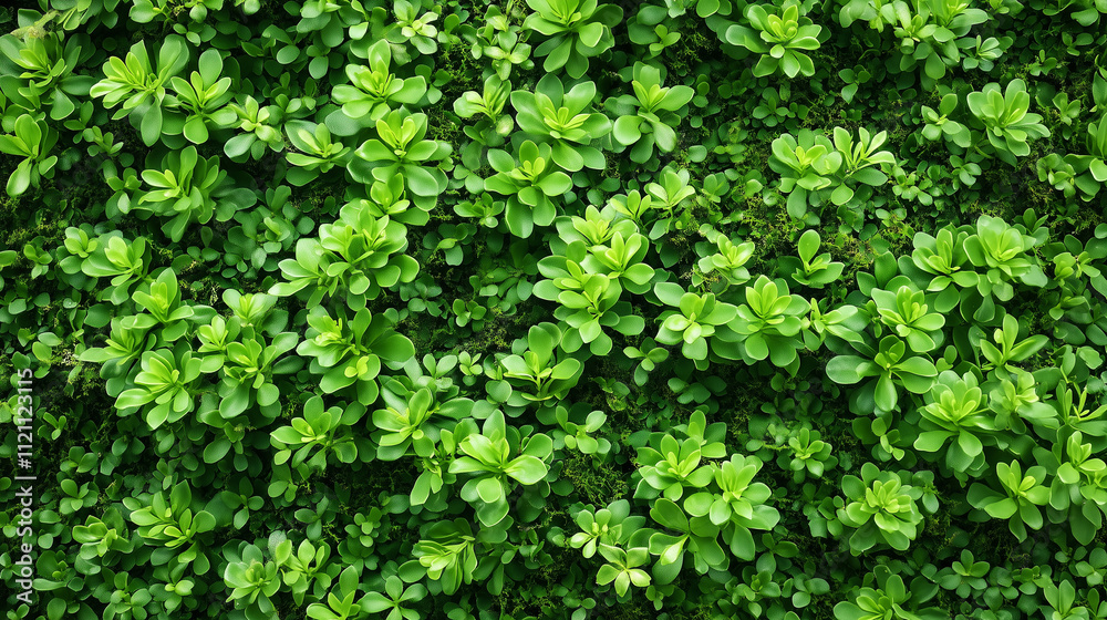 Obraz premium A lush green wall densely covered with leafy plants, resembling a natural vertical garden. The vibrant and rich green color emphasizes nature's vitality