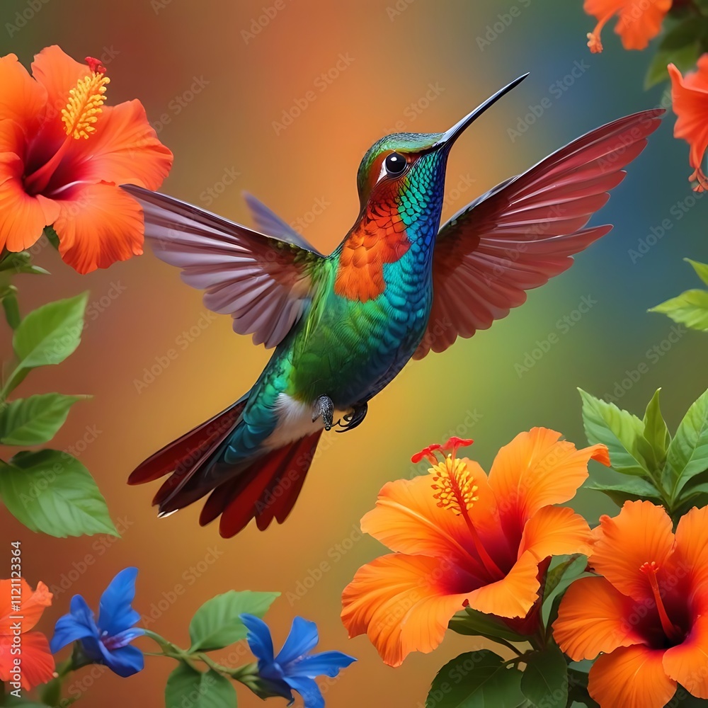 A colorful hummingbird with a long beak hovering near flower A colorful hummingbird with a long beak hovering near flower