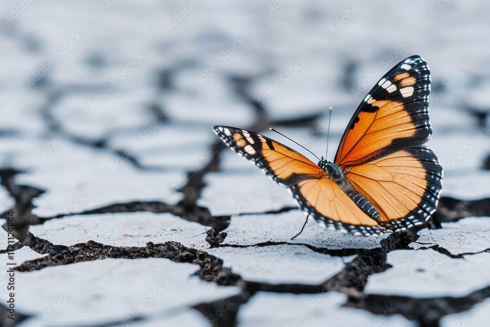 Obraz premium Butterfly perched on cracked soil: symbol of hope in climate change adaptation