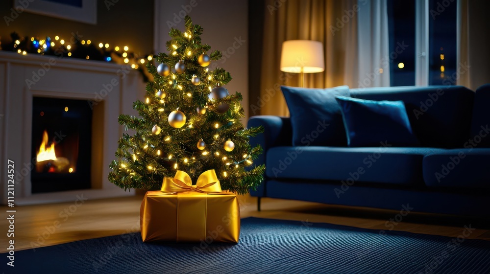 Cozy living room decorated for Christmas with a tree and gift, warm atmosphere. Cozy living room decorated for Christmas with a tree and gift, warm atmosphere.
