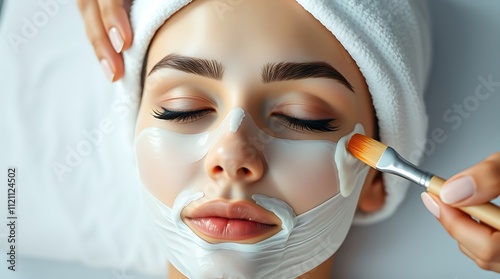 Beautician applying white clay mask to face of beautiful young woman in beauty salon. Spa treatments concept (3)