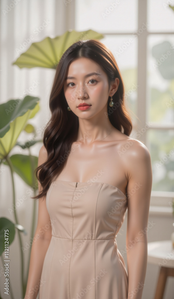 A poised woman in a beige strapless dress, with soft waves and elegant earrings, set against a bright, serene background with green leaves and natural light filtering through a window. A poised woman in a beige strapless dress, with soft waves and elegant earrings, set against a bright, serene background with green leaves and natural light filtering through a window.