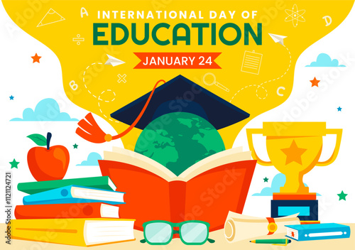 International Education Day Vector Illustration on January 24, Featuring Students, a Globe, and Educational Elements in a Flat Style Background