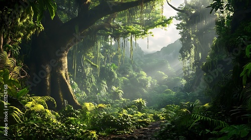 A vibrant rainforest with towering trees, hanging vines, and the distant calls of exotic birds  photo