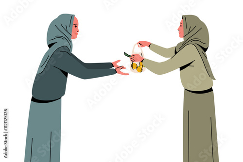 Illustration of Two Muslim Women Make a Transaction