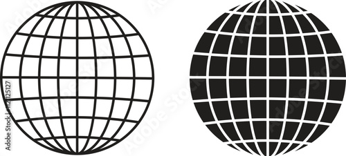 World glob icons set. World planet earth black flat line vector collection isolated on transparent background. Globes with world maps symbol. Silhouette of the Geographical globe with meridians web.