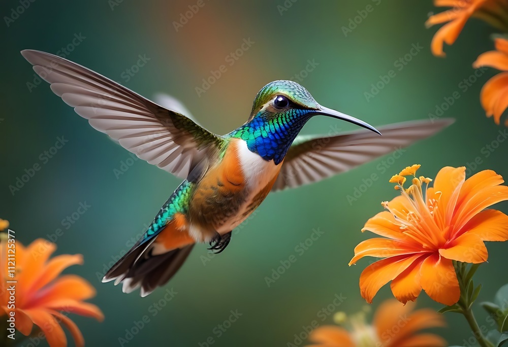 Obraz premium A colorful hummingbird with a long beak hovering near flower
