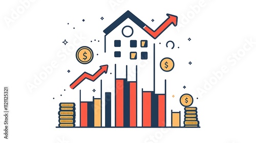 Illustration of real estate market growth, showing building with rising bar graph and coins.