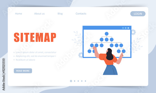 Sitemap Creation concept. Landing page template. Website SEO management. Female Developer organizes site structure. Vector illustration.
