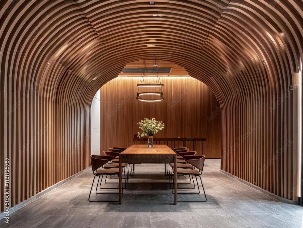 Modern Interior Design with Wooden Arch and Dining Table Modern Interior Design with Wooden Arch and Dining Table