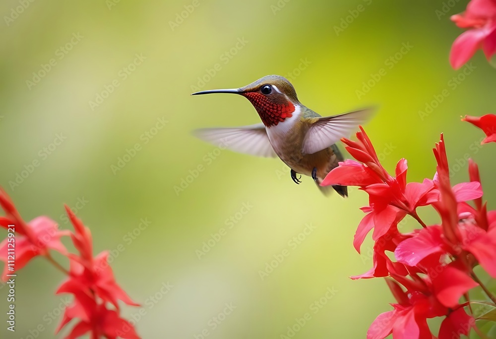 Fototapeta premium A colorful hummingbird with a long beak hovering near flower