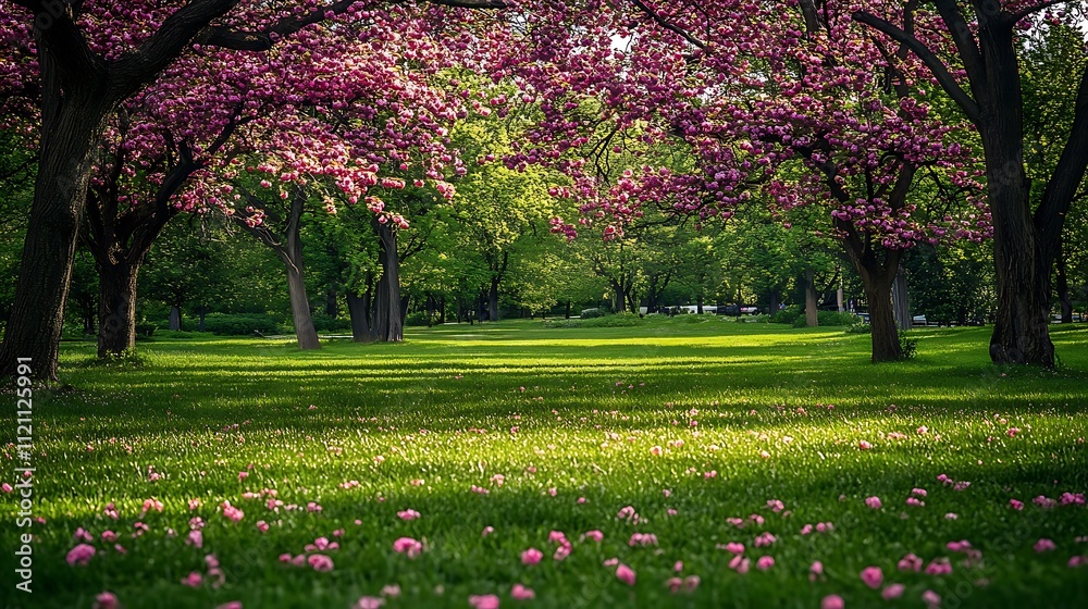 A vibrant spring garden with cherry blossoms in full bloom, petals drifting gently to the ground A vibrant spring garden with cherry blossoms in full bloom, petals drifting gently to the ground
