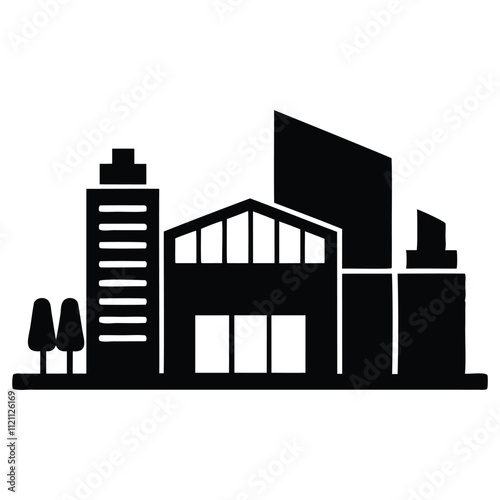 "Commercial Buildings Vector Silhouette Illustration"