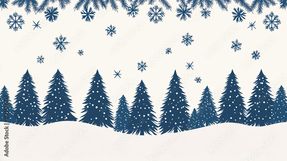 Winter wonderland with snowflakes and fir trees in blue silhouette Winter wonderland with snowflakes and fir trees in blue silhouette