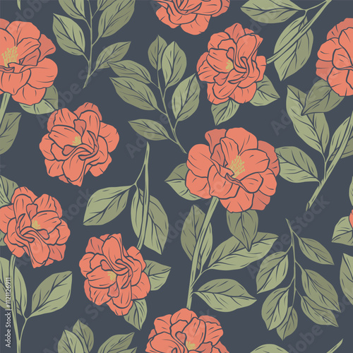 Hand drawn line art camellia flowers seamless pattern