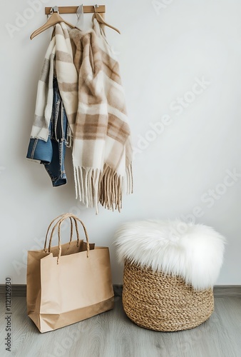 Chic boutique setup with trendy clothing on hangers, highlighted by a beige plaid scarf and jeans photo