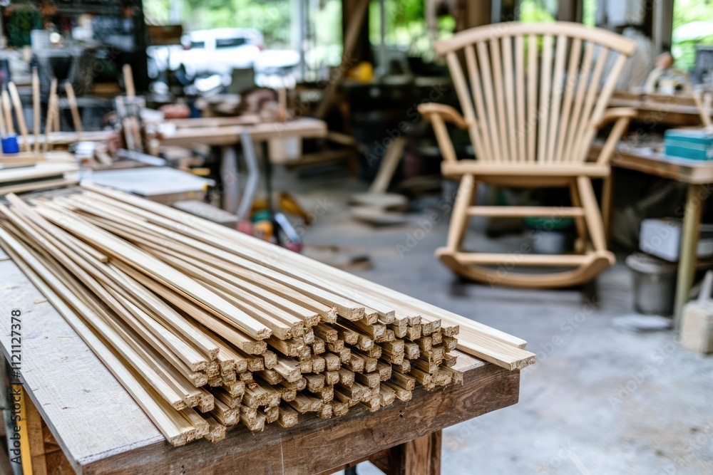 A woodworking shop with a pile of wooden pieces and a rocking chair in the background. A woodworking shop with a pile of wooden pieces and a rocking chair in the background.